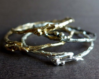 Textured Twig Bangle Bracelet, Winter Branches Cast Sterling Silver Bronze Stackable Twig Bracelets, Inwood Hill Park Twig Bangle