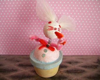 Vintage Easter Bunny Candy Container Bobble Head Rabbit with Carrot Japan Pink and Blue