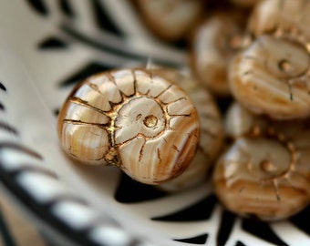 NEW! Found Fossils - Premium Czech Glass Beads, Opaque White, Transparent Topaz, Metallic Bronze Wash, Nautilus Shells 17x14mm - Pc 4