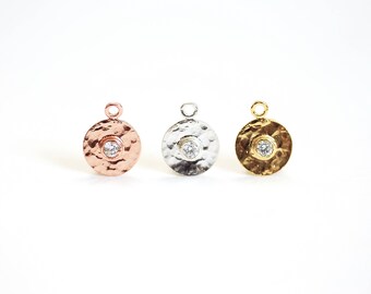 Vermeil Gold Hammered Round Circle- 22k Gold plated over Sterling Silver, Circle, with CZ accent stone, Rose Gold, 10x12mm, Gold Disc, 350