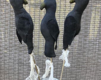 Primitive Crows, Set of 3, Handmade Fabric Crows on Stick