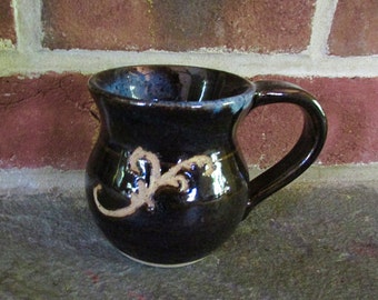 Handmade Ceramic Mug - Midnight Black and Blue with Carved Design