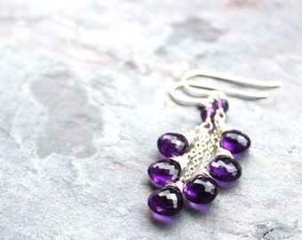 Amethyst Earrings Purple Gemstone Earrings, Sterling Silver Dangle Briolette Earrings February Birthstone