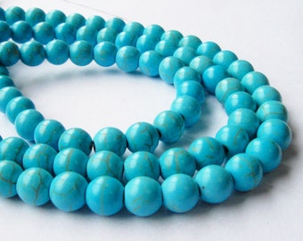 Turquoise Round Beads - Blue Turquoise Howlite - Gemstone Round Ball Beads - Smooth Drilled -6mm OR 8mm - 16" Strand - DIY Jewelry Making