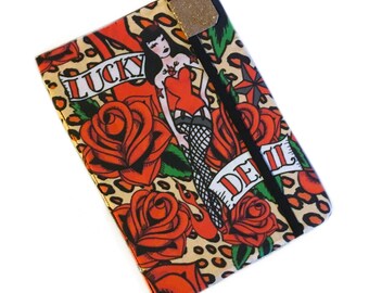 Kindle Paperwhite cover - Lucky Devil pinup- eReader hardcover - case fits kindle Touch, Basic - tattoo red roses leopard print rockabilly