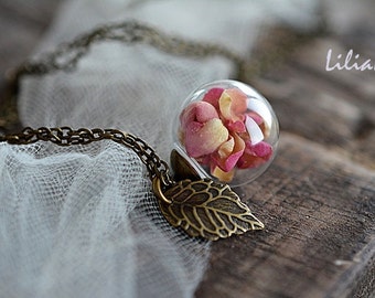 Rose petals necklace, Real rose pendant, Dried flower necklace, Terrarium necklace, Real flower necklace, Botanical necklace, Rose jewelry