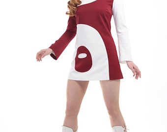 60s Style Mini Dress Space Age Style with Flare Sleeves and Pod Pocket - Red and White - Mod Space Age Vintage Reproduction