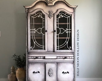 Vintage Hutch China Cabinet French Country Bookshelf Old World Armoire