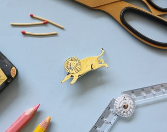 Jumping Lion Illustration Brooch made of Shrink Plastic