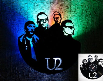 U2 Wall clock, Vinyl record clock, LED lights, Rock wall art, Rock wall clock, Music gift ideas, Modern wall clock, led wall
