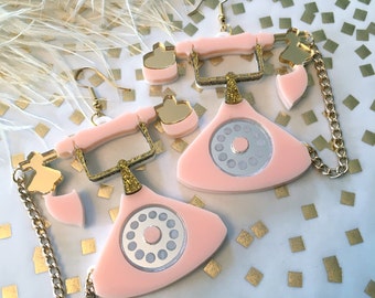 Peach and Gold Antique Telephone Laser Cut Acrylic Earrings