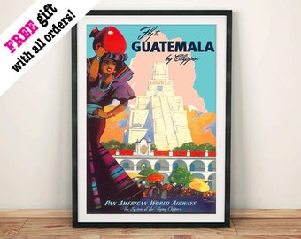 GUATEMALA TRAVEL POSTER: Vintage Mayan Advert, Art Print Wall Hanging
