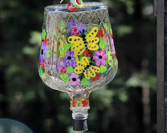 Bright and Cheery Hand Painted Butterfly Garden Crown Royal Hummingbird Feeder with Flower Feeding Tube