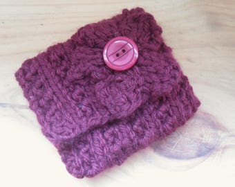Knitted Coin Purse, Dark Red Change Purse Hand Knitted with Flower Decoration