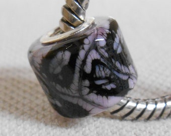 Handmade Lampwork Large Hole Bead Silver Cored Cylinder Pink with Black Lace Design