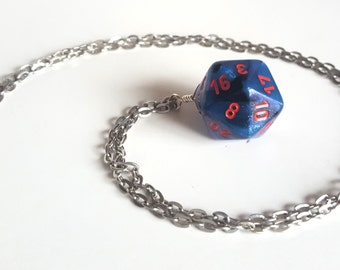 Dice Pendant Necklace - Sparkle Blue and Black D20 Twenty Sided Dice Jewelry - Geeky Gamer Jewelry