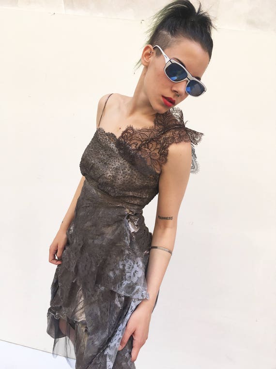 Dark Brown Lace Hand Painted LOLA DARLING Dress Sustainable Contemporary Remake Vintage Handmade in Italy Limited Edition