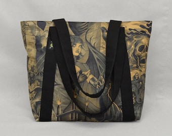 READY TO SHIP Fabric Shoulder Tote Bag with Zipper and Pockets, Gothic Sorceress vs Grim Reaper, Goth Punk, Heavy Metal, Black Brown