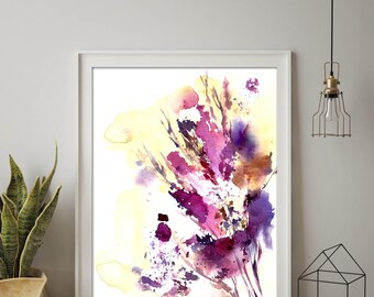 Abstract botanical art print, abstract leaves watercolor painting print, pink purple abstract wall art print