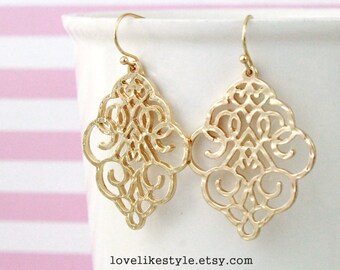 Gold Filigree Earrings, Boho Chic Bohemian Filigree Dangle Earrings, Moroccan Earrings, Bridesmaid Earrings, Bridal Shower Gift - 6030