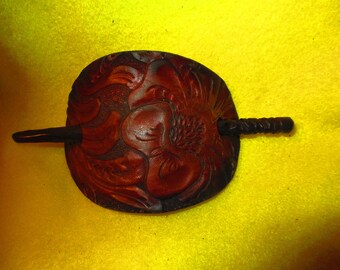 Custom Leather Hair Barrette With Hand Tooled Western Motif