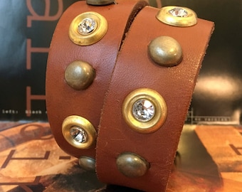 Honey Brown Leather Dog Collar with Rhinestones and Brass Metal Accents, Size M/L, to fit a 15-18 Neck Size, Medium to Large Dog, OOAK