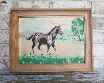Beautiful vintage paint by number running horse with frame mid century PBN