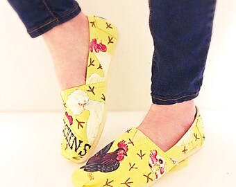 Custom chicken toms - i love chickens canvas shoes - hand painted chicken theme - chicken gift - adult personalized shoes