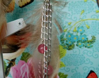 Natural pheasant feather earrings, pink jade