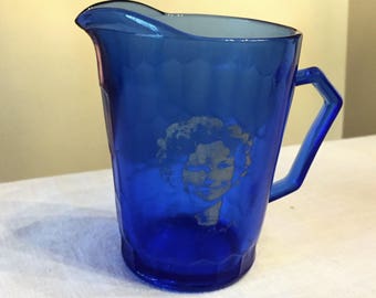 Shirley Temple Cobalt Blue Pitcher, Hazel Atlas Honeycomb
