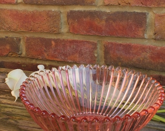 Large Pink Pressed Glass Ribbed Serving or Salad Bowl