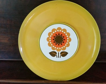 Retro serving tray with flower trivet, Lefton yellow serving dish vintage