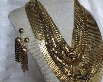 Vintage Whiting & Davis Gold Tone Mesh Bib Necklace and Matching Earrings