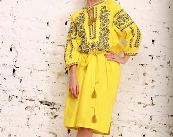 Embroidered Long Dress yellow for women. Vyshyvanka. Ukrainian embroider dress