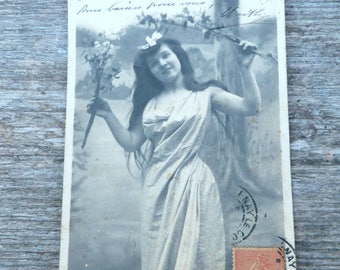 Antique 1910 postcard French real photo recolored girl wearing Antique wrapped dress