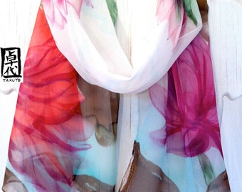 Hand Painted Silk Scarf, Scarf Woman, Chiffon Scarf, Japanese Silk Scarf, Floral Scarf, Tranquility Lotus, Silk Chiffon Scarf, Made to order