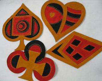 Dyed suede appliques ensemble in playing card aces