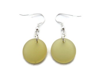 Yellow Sea Glass Earrings, Round Yellow Earrings, Yellow Beach Glass Earrings, Recycled Glass, Pale Yellow Dangles, Lemon Drop Earrings