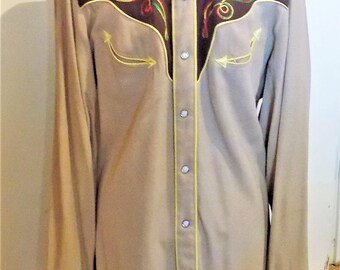 H Bar C, California Ranchwear, Western Style Shirt, Men's Medium, Cowboy Boot Appliques