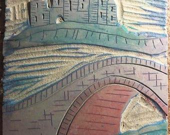 Vintage Art Supply Linoleum Block 1950s Castle Bridge Theme for Block Printing rubber stamp stamping
