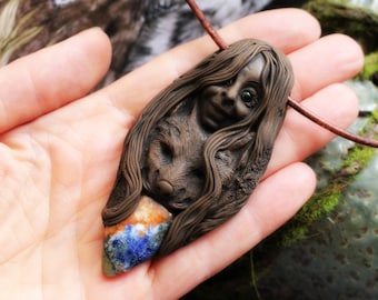 La Loba, Wolf Woman Necklace with Orange & Blue Sodalite. Handcrafted Clay.