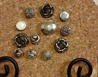 12 Decorative Silver Vintage Button Push Pin Tacks