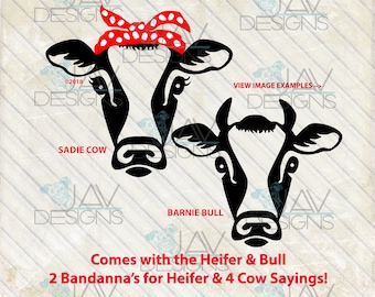 Heifer Cow Sadie and Barnie Bull Rosie SVG, Bandanna cow head, rosie the riveter, cut file, svg png dxf , cow face, farm girl