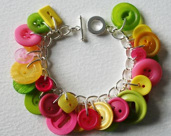Bright Yellow Pink and Lime Green Button Bracelet