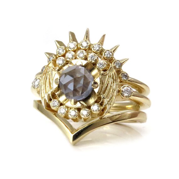 Bat Wing Engagement Ring Set with Blue Grey Quartz and White Diamond Halo with Spiked Diamond Wedding Band and Chevron