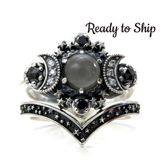 Ready to Ship Size 6 - 8 - Grey Moonstone Silver Moon Engagement Ring Set - Bohemian Stacking Wedding Rings