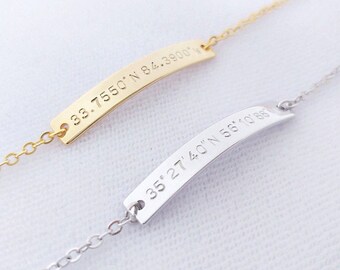 Custom Hand Stamped Gold Silver Coordinates Bracelet, Location GPS Latitude Longitude Personalized Bar bangle Wedding Gift, Anniversary Gift