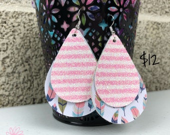 Feather & Pink Stripe Sparkle Double Layer Faux Leather Teardrop Earrings