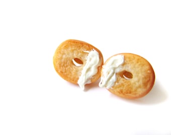 Bagel Post Earrings - Miniature Food Jewelry - Handmade Polymer Clay Bagel and Cream Cheese Jewelry