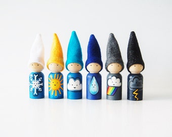 Weather Gnomes - Educational Toys - Waldorf Dolls - Unique Leaning Game - Zooble Toys Peg Dolls